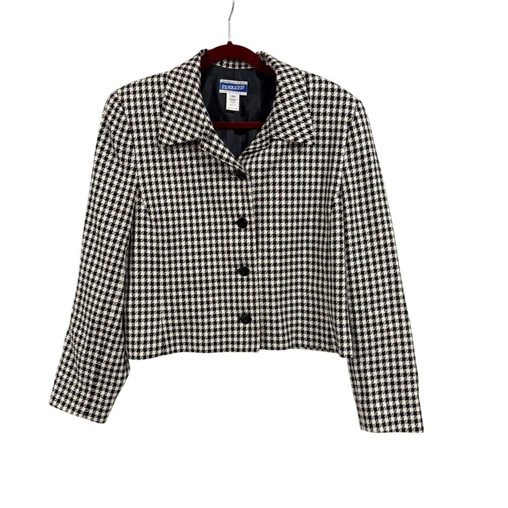Pendleton Vintage Black‎ White Houndstooth Cropped Blazer Size 14